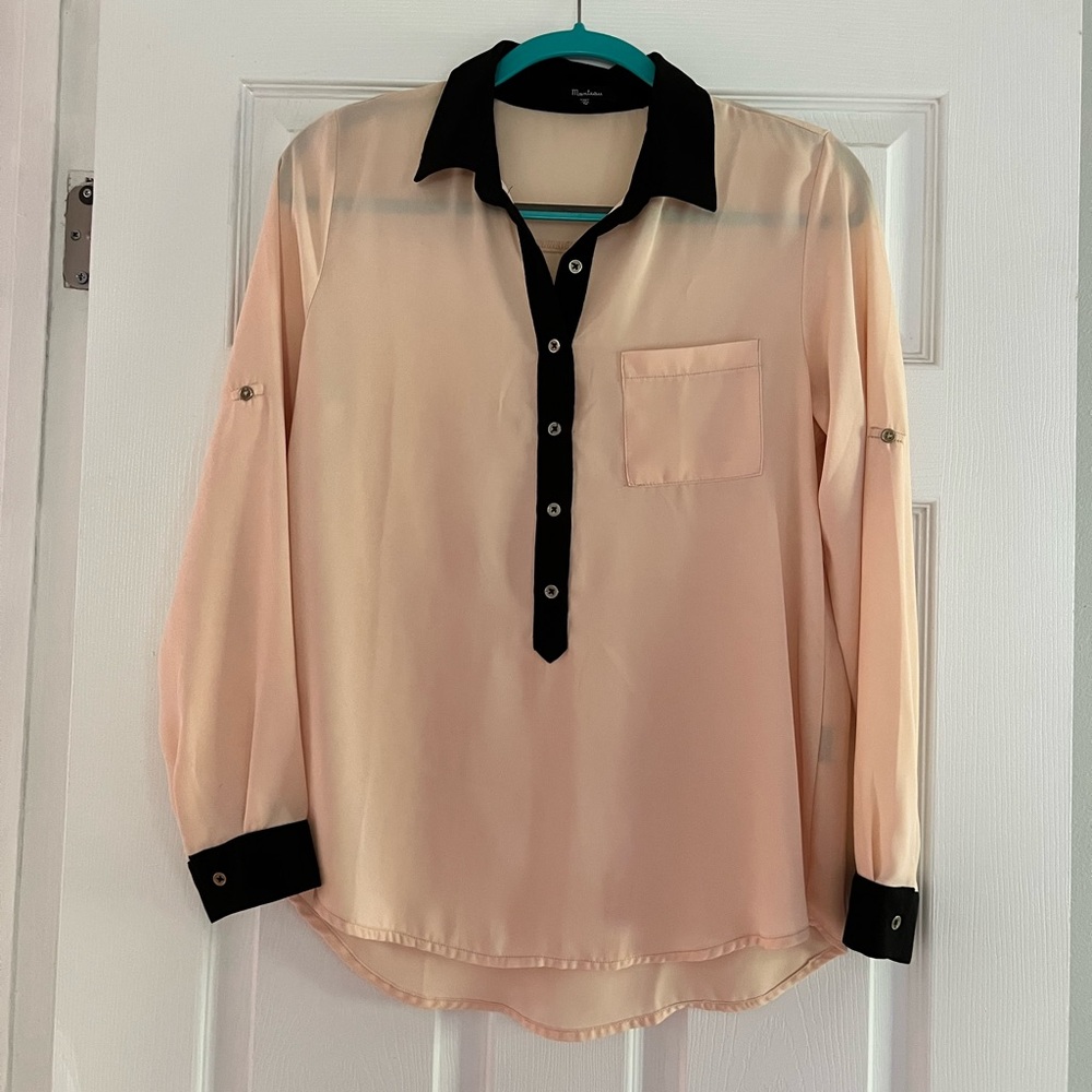 Sheer nude blouse with black trim